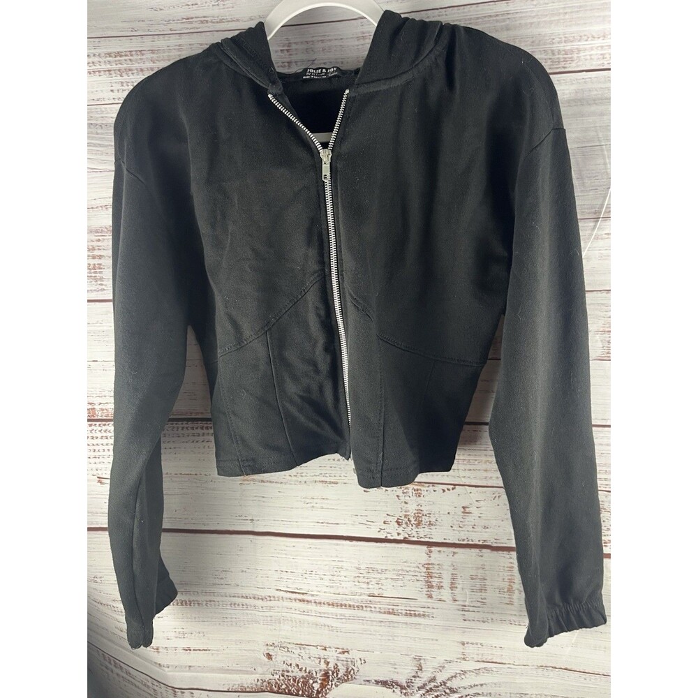 JOLIE & JOY Cropped Hoodie Sweater Womens L Black Zip Up Long Sleeve Cotton Bl